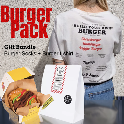 Gift Bundle Pack: 2 pairs of Burger Socks and a pair of Burger t-shirts