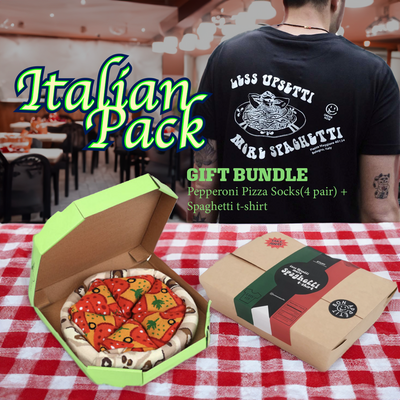 Gift Bundle Pack: 4 pair of Pepperoni pizza slices + Spaghetti t-shirt